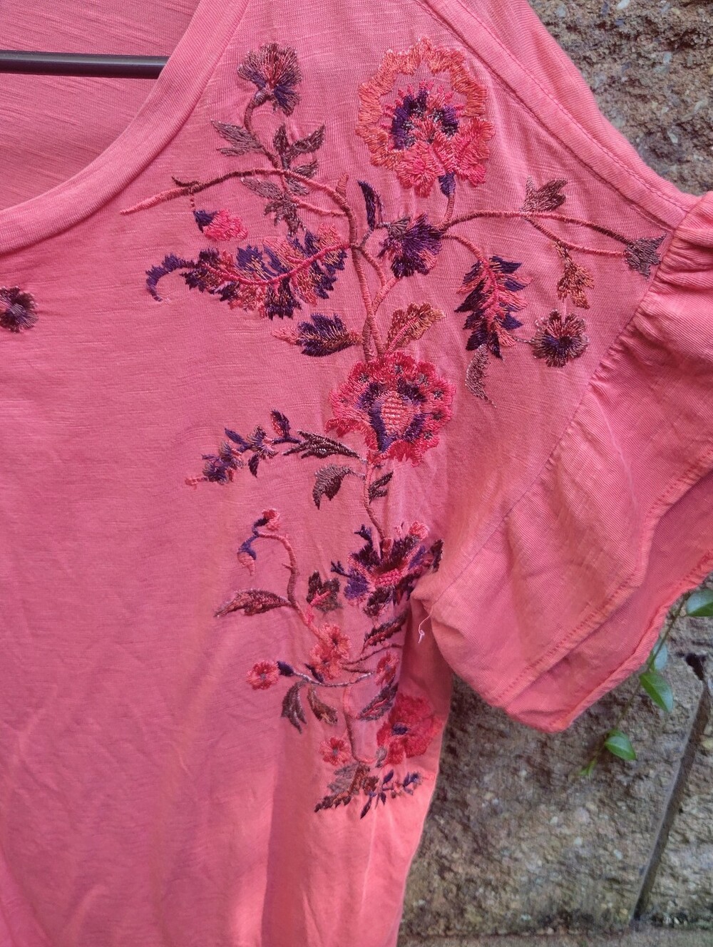 Sundance catalog women's embroidered layered flutter sleeve coral pink Tshirt M - Picture 4 of 14